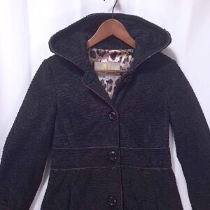 Steve‎ Madden Textured Hooded Jacket Leopard Lining Women S/P Gothic Coat Black